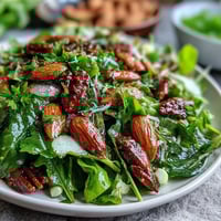 Fresh spring green salad with honey mustard dressing and toasted almonds, a crisp and vibrant vegetarian dish.  