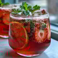 Vibrant strawberry lemon sparkling mocktail with fresh fruit, mint, and ice in chilled glasses.