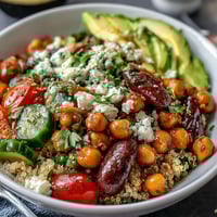 Bright lemon vinaigrette grain bowls with roasted chickpeas, colorful vegetables, and creamy avocado slices.  