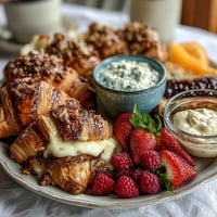 Elegant brunch board with assorted pastries, fresh fruit, and mimosas for a festive Mothers Day celebration.