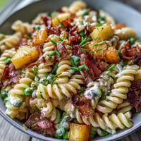 Hawaiian Pasta Salad with Ham, Pineapple, and Ranch in a creamy bowl, garnished with fresh herbs and colorful vegetables.  