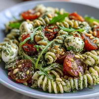 Vibrant summer pasta salad with pesto, cherry tomatoes, and mozzarella, perfect for warm-weather dining and picnics.  
