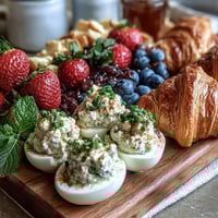 Vibrant Easter brunch board with deviled eggs, fresh fruit, and assorted pastries for a festive morning spread.