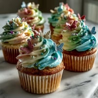 Delicate vanilla cupcakes topped with pastel butterfly buttercream, perfect for spring celebrations.