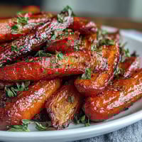 Golden honey glazed carrots roasted with fresh thyme, their caramelized edges glistening and tender inside—a perfect Easter side dish.