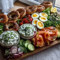 1. A colorful Mother's Day brunch board with smoked salmon, fresh bagels, creamy spreads, and vibrant vegetables.  