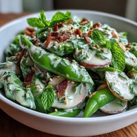 Crisp snap pea and radish salad with creamy tahini dressing, fresh herbs, and toasted sesame seeds.  