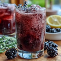 A vibrant glass of sparkling blackberry lavender lemonade with fresh berries and lemon slices, perfect for summer refreshment.