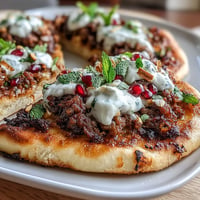 Spiced lamb flatbread pizza with warm Middle Eastern spices, creamy yogurt, and pomegranate seeds for a flavorful, shareable meal.  