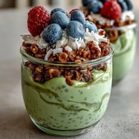 Creamy fiber-rich avocado chia pudding parfait layered with vibrant berries and granola.