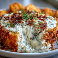 Creamy Fried Pickle Dip with a golden fried pickle garnish, perfect for dipping.
